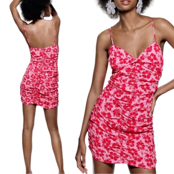 Zara Womens Pink Red Floral Ruched Bodycon Mini Dress Sz Med Summer 💕 - Picture 2 of 14